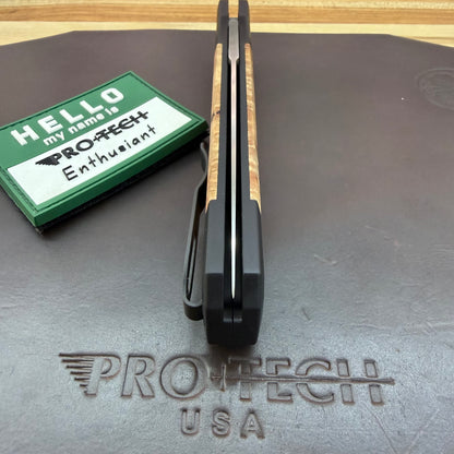 Pro-Tech Godfather 4" Satin Auto w/ Black Aluminum Handle & Maple Burl Wood Inlay