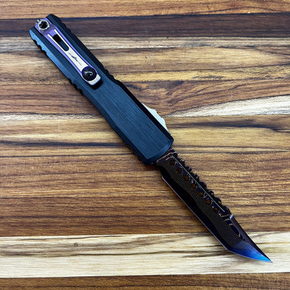 Microtech Ultratech Gen III Hellhound 4" OTF Marfione Select Blued Baker Forge Coppermai Damascus w/ Purple Titanium Accent