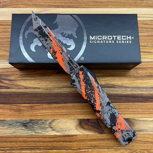 Microtech Combat Troodon Gen III T/E 4" OTF w/ Bull Shark Gray/Black Orange Splatter Aluminum Handle