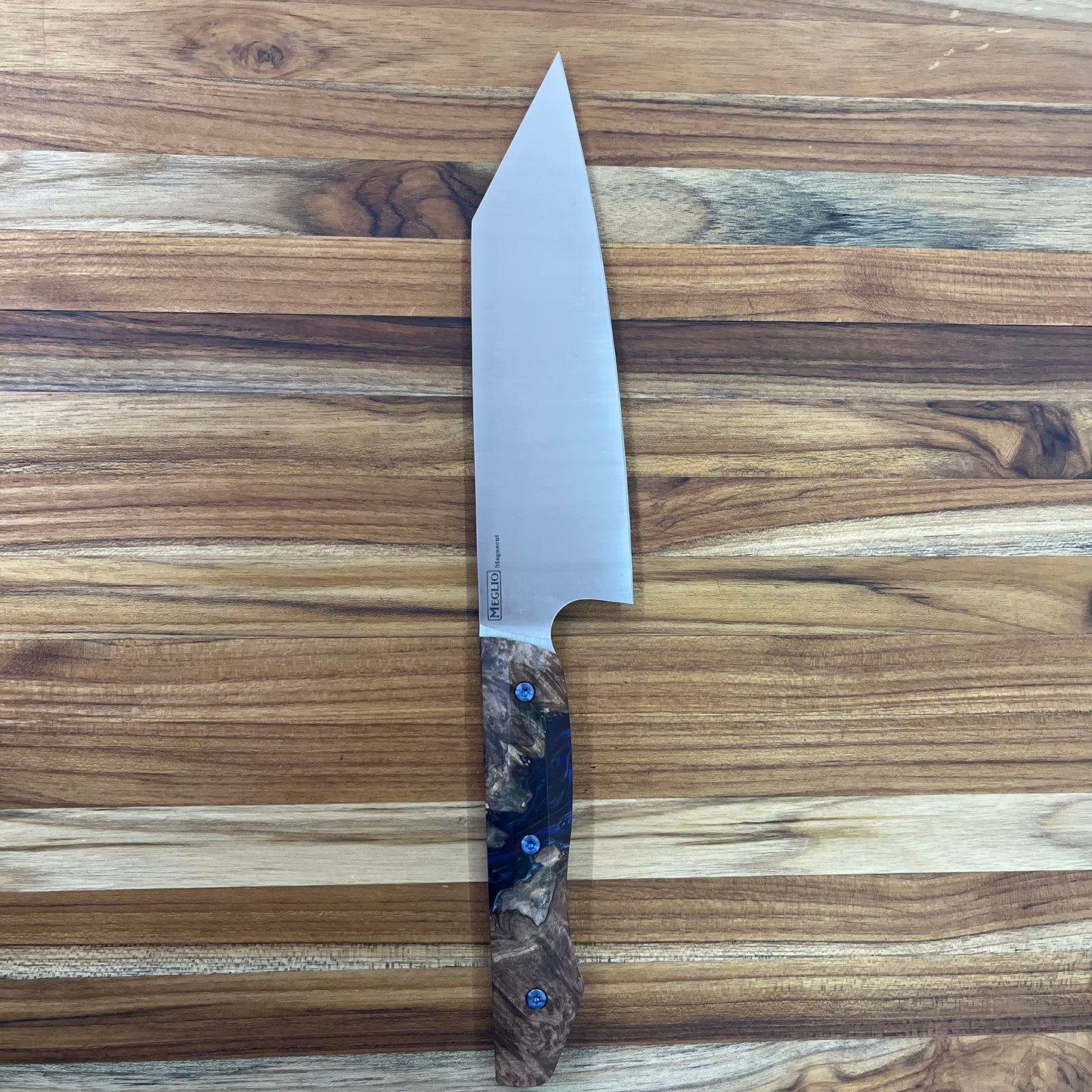 Meglio Blade Show Semi-Custom 6.5" Satin Kiritsuke w/ Spalted Maple Burl & Dark Blue Resin Handle