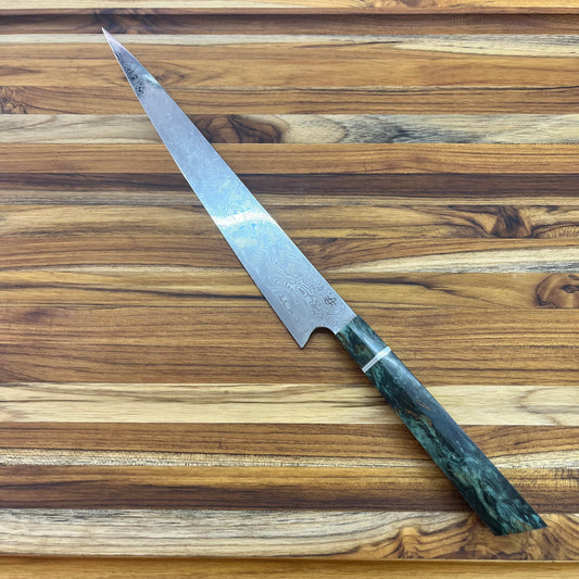 Alfredo Faccipieri 300mm (11.75") Sujihiki w/ Damasteel & Green Birchwood Handle