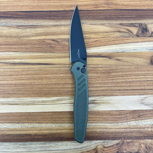 Pro-Tech Avalon 4" Folding Knife DLC Black w/ Knurled & Battleworn Green Aluminum Handle
