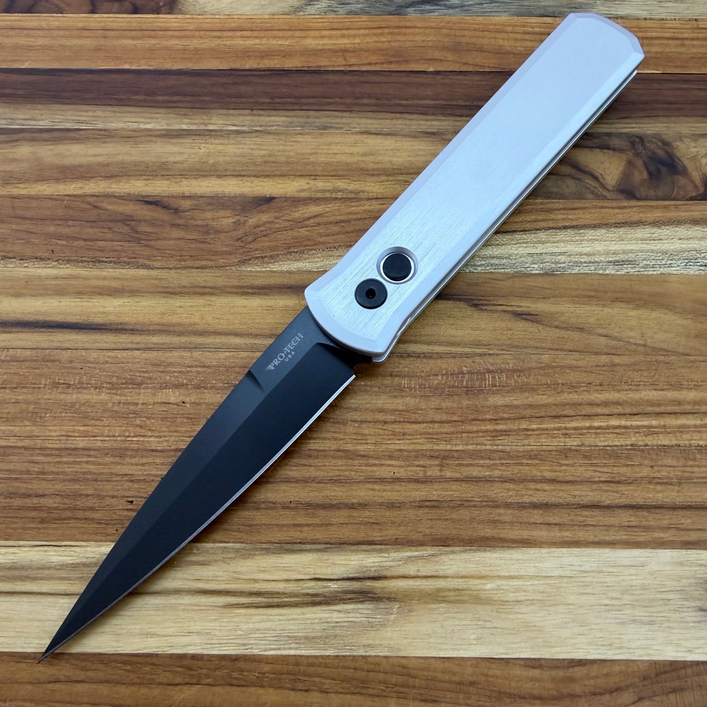 Pro-Tech Godfather 4" Auto w/ Black Blade &  Silver Aluminum Handle