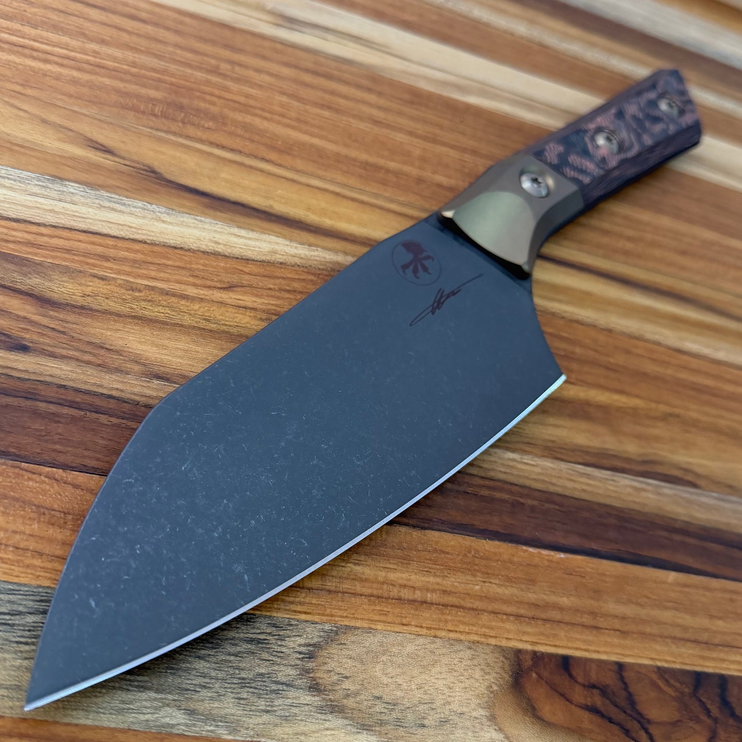 Microtech Signature Series Culinary 6" DLC Santoku w/ Bronze Titanium Bolster & Livewire Carbon Fiber Handle
