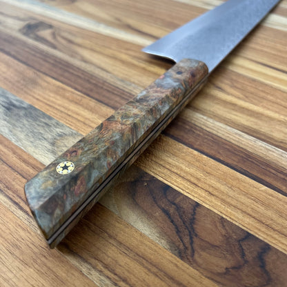 Running Man Forge Semi-Custom 210mm (8.25") Gyuto w/ Laser Engraving & Brown/Orange Maple Handle