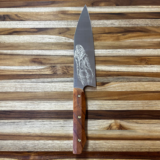 Meglio Semi-Custom 9" Satin K-Tip Western Chef's Knife w/ Lasered Abstract Beauty & Torrey Pine Handle