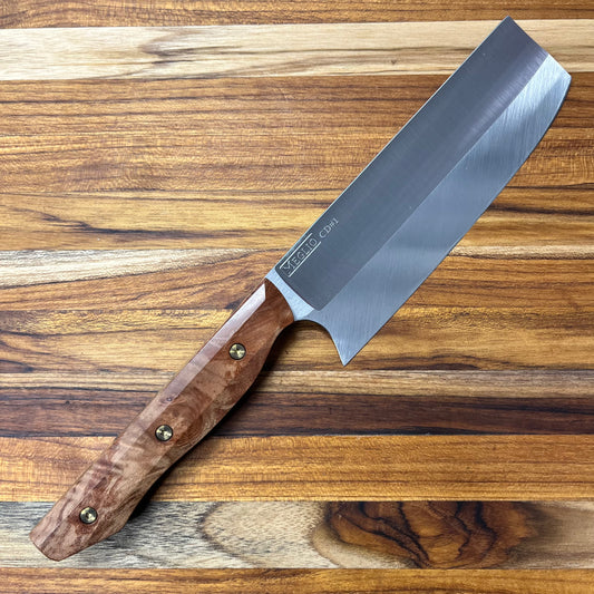 Meglio Semi-Custom 6" Satin Nakiri w/ S-Grind & Maple Burl Handle