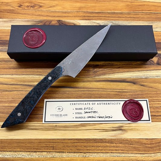 Studio Blade PFDC 4.25" Damasteel Steak Knife Gray/Blue Carbon Fiber/Resin