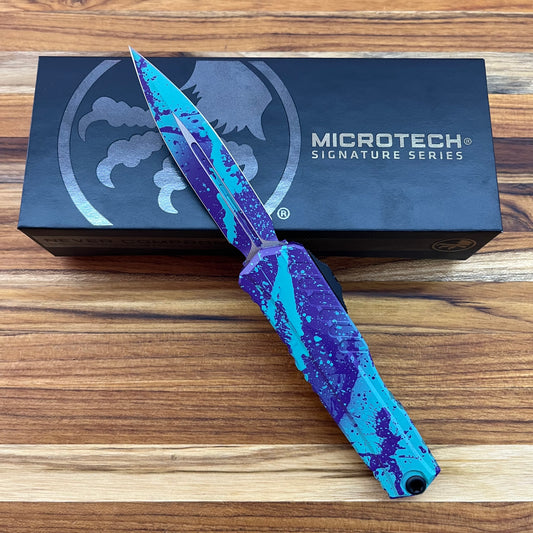 Microtech Signature Series Cypher II D/E 3.5" OTF w/ Baja/Purple Splatter Aluminum Handle
