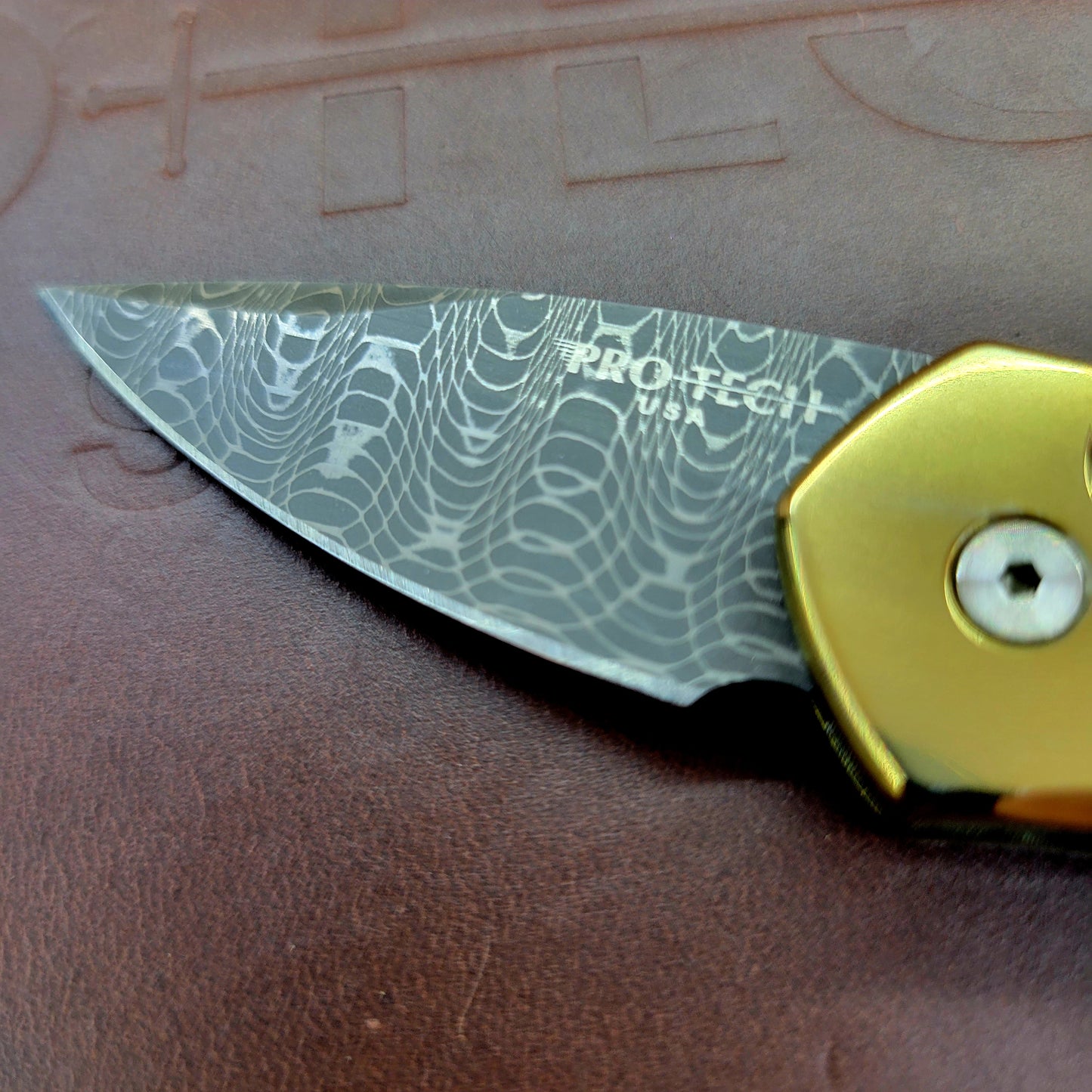 Pro-Tech Custom Sprint 1.95" Auto w/ Chad Nichols Damascus & Bronze Titanium Handle Mother of Pearl Inlay