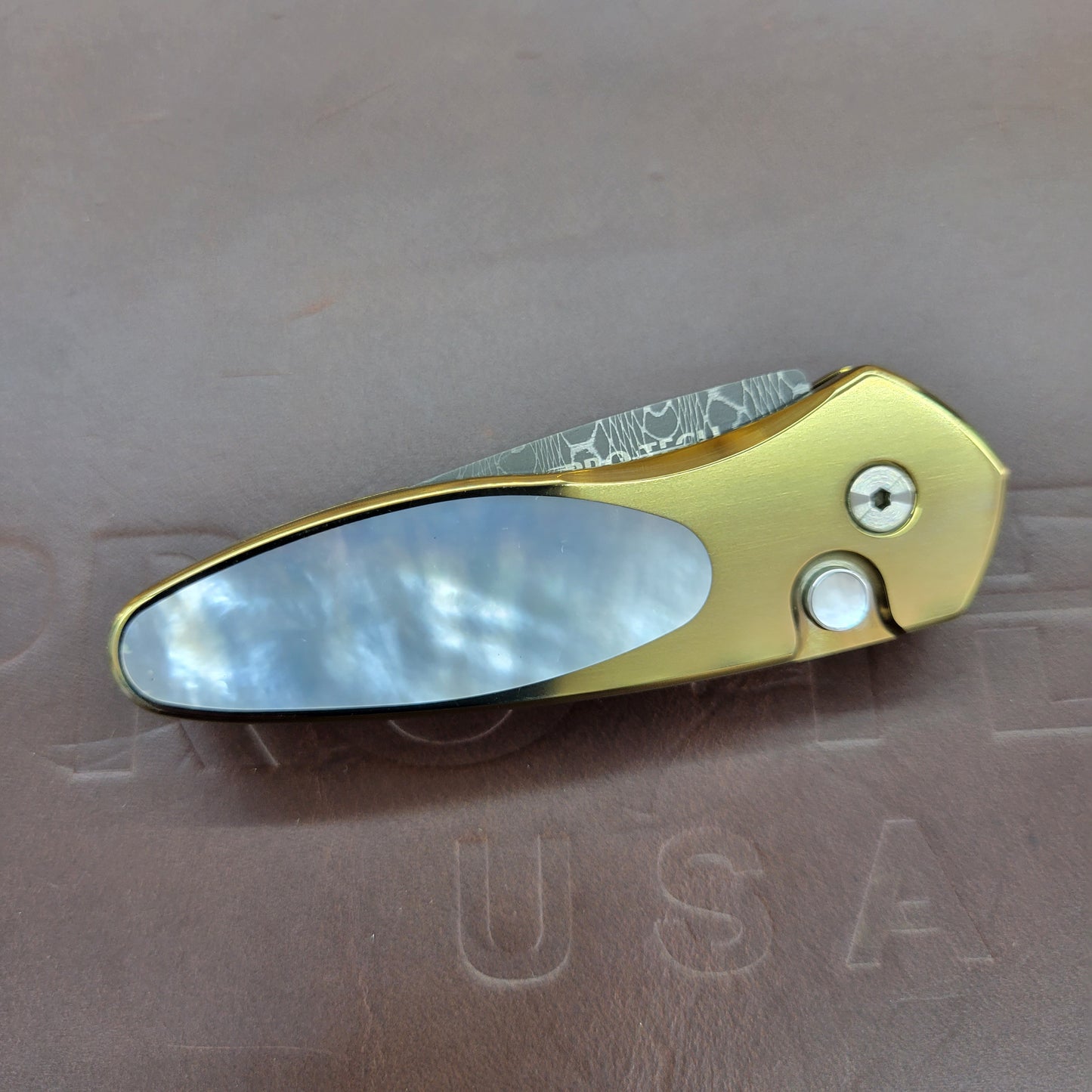 Pro-Tech Custom Sprint 1.95" Auto w/ Chad Nichols Damascus & Bronze Titanium Handle Mother of Pearl Inlay